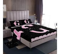 richhome Juego de sábanas de tamaño individual con letra G con inicial y lazo rosa, sábana bajera ajustable de encaje del alfabeto, juego de cama suave de 3 piezas con 1 funda de almohada