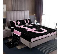 richhome Juego de sábanas de tamaño individual con letra U con inicial en forma de U, juego de cama con lazo rosa para niños y niñas, sábana bajera ajustable de encaje del alfabeto, sábana bajera