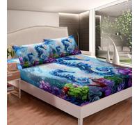 richhome Sábana bajera ajustable de caballito de mar, juego de ropa de cama de vida marina tamaño King, criaturas marinas, decoración del hogar, diseño de animales marinos submarinos para todas las