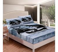 richhome Welcome to The Lake - Juego de sábanas bajeras de tamaño doble para niños, niñas, adolescentes, casa de lago, cabaña, actividades al aire libre, árbol azul, juego de sábanas transpirables y