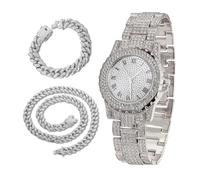 richhut Reloj con Diamantes para Hombre Iced out Esfera Redondo 39MM Correa 22,5cm Bañado en Oro Blanco Platino, con 20+45cm Cadenas Cubanas, Regalo para Novio Esposo