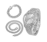 richhut Reloj con Diamantes para Hombre Iced out Esfera Redondo Correa de 18MM Bañado en Oro Blanco Platino, con 20+45cm Cadenas Cubanas, Regalo para Novio Esposo