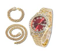 richhut Reloj con Diamantes para Hombre Iced out Esfera Rojo Correa de 18MM Bañado en Oro Real de 18K, con 20+45cm Cadenas Cubanas, Regalo para Novio Esposo