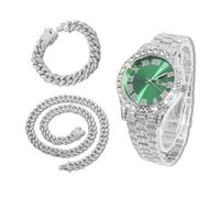 richhut Reloj con Diamantes para Hombre Iced out Esfera Verde Correa de 18MM Bañado en Oro Blanco Platino, con 20+45cm Cadenas Cubanas, Regalo para Novio Esposo