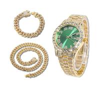 richhut Reloj con Diamantes para Hombre Iced out Esfera Verde Correa de 18MM Bañado en Oro Real de 18K, con 20+45cm Cadenas Cubanas, Regalo para Novio Esposo