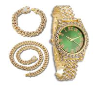 richhut Reloj de diamantes de lujo para niños y adolescentes, chapado en oro real de 18 quilates, correa redonda multicolor de 37 mm, caja de regalo incluida, opcional con cadena cubana, Reloj verde