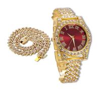 richhut Reloj de Lujo con Diamantes Iced out para Niños Adolescentes - Bling Chapado en Oro 18K Correa 20cm - Esfera Redondo Rojo 37mm - Viene con Cadena Cubana 40cm - Incluye Caja de Regalo