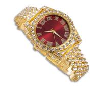 richhut Reloj de Lujo con Diamantes Iced out para Niños Adolescentes - Bling Chapado en Oro 18K Correa 20cm - Esfera Redondo Rojo 37mm - Incluye Caja de Regalo