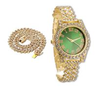 richhut Reloj de Lujo con Diamantes Iced out para Niños Adolescentes - Bling Chapado en Oro 18K Correa 20cm - Esfera Redondo Verde 37mm - Viene con Cadena Cubana 40cm - Incluye Caja de Regalo