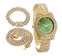 Richhut Reloj de Lujo con Diamantes Iced Out para Niños Adolescentes - Bling Chapado en Oro 18K Correa 20cm - Esfera Redondo Verde 37mm - Viene con Cadenas Cubanas 18cm & 40cm - Incluye Caja de Regalo