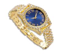 richhut Reloj de Lujo con Diamantes Iced out para Niños Adolescentes - Bling Chapado en Oro 18K Correa 20cm - Esfera Redondo Azul 37mm - Incluye Caja de Regalo