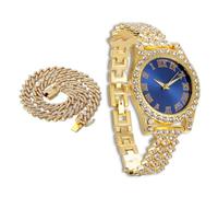 richhut Reloj de Lujo con Diamantes Iced out para Niños Adolescentes - Bling Chapado en Oro 18K Correa 20cm - Esfera Redondo Azul 37mm - Viene con Cadena Cubana 40cm - Incluye Caja de Regalo