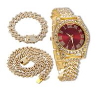 richhut Reloj de Lujo con Diamantes Iced out para Niños Adolescentes - Bling Chapado en Oro 18K Correa 20cm - Esfera Redondo Rojo 37mm - Viene con Cadenas Cubanas 18cm & 40cm - Incluye Caja de Regalo