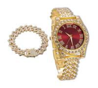 richhut Reloj de Lujo con Diamantes Iced out para Niños Adolescentes - Bling Chapado en Oro 18K Correa 20cm - Esfera Redondo Rojo 37mm - Viene con Cadena Cubana 18cm - Incluye Caja de Regalo