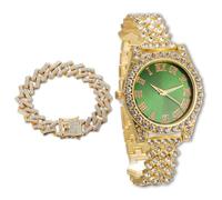 richhut Reloj de Lujo con Diamantes Iced out para Niños Adolescentes - Bling Chapado en Oro 18K Correa 20cm - Esfera Redondo Verde 37mm - Viene con Cadena Cubana 18cm - Incluye Caja de Regalo