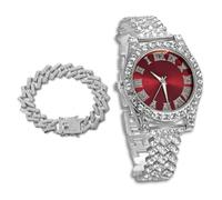richhut Reloj de Lujo con Diamantes Iced out para Niños Adolescentes - Bling Chapado en Platino Correa 20cm - Esfera Redondo Rojo 37mm - Viene con Cadena Cubana 18cm - Incluye Caja de Regalo