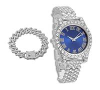 richhut Reloj de Lujo con Diamantes Iced out para Niños Adolescentes - Bling Chapado en Platino Correa 20cm - Esfera Redondo Azul 37mm - Viene con Cadena Cubana 18cm - Incluye Caja de Regalo