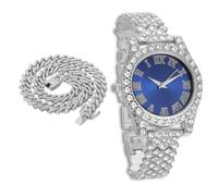 richhut Reloj de Lujo con Diamantes Iced out para Niños Adolescentes - Bling Chapado en Platino Correa 20cm - Esfera Redondo Azul 37mm - Viene con Cadena Cubana 40cm - Incluye Caja de Regalo