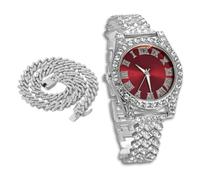 richhut Reloj de Lujo con Diamantes Iced out para Niños Adolescentes - Bling Chapado en Platino Correa 20cm - Esfera Redondo Rojo 37mm - Viene con Cadena Cubana 40cm - Incluye Caja de Regalo