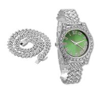 richhut Reloj de Lujo con Diamantes Iced out para Niños Adolescentes - Bling Chapado en Platino Correa 20cm - Esfera Redondo Verde 37mm - Viene con Cadena Cubana 40cm - Incluye Caja de Regalo