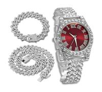 richhut Reloj de Lujo con Diamantes Iced out para Niños Adolescentes - Bling Chapado en Platino Correa 20cm - Esfera Redondo Rojo 37mm - Viene con Cadenas Cubanas 18cm & 40cm - Incluye Caja de Regalo