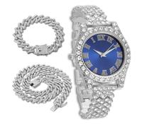 richhut Reloj de Lujo con Diamantes Iced out para Niños Adolescentes - Bling Chapado en Platino Correa 20cm - Esfera Redondo Azul 37mm - Viene con Cadenas Cubanas 18cm & 40cm - Incluye Caja de Regalo
