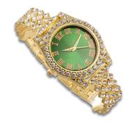 richhut Reloj de Lujo con Diamantes para Niños Adolescentes - Iced out Bling Chapado en Oro 18K - Esfera Redondo Verde 37mm Correa 20cm - Incluye Caja de Regalo