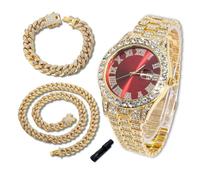 richhut Reloj de Lujo con Diamantes para Niños Adolescentes - Iced out Bling Chapado en Oro 18K - Esfera Redondo Rojo 42mm Correa 20cm - Incluye Ajustador - Viene con Cadenas Cubanas 18cm & 40cm
