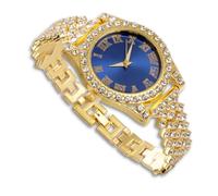 richhut Reloj de Lujo con Diamantes para Niños Adolescentes - Iced out Bling Chapado en Oro 18K - Esfera Redondo Azul 37mm Correa 20cm - Incluye Caja de Regalo