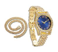 richhut Reloj de Lujo con Diamantes para Niños Adolescentes - Iced out Bling Chapado en Oro 18K - Esfera Redondo Azul 37mm Correa 20cm - Incluye Caja de Regalo - Viene con Cadena Cubana 40cm