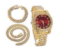 richhut Reloj de Lujo con Diamantes para Niños Adolescentes - Iced out Bling Chapado en Oro 18K - Esfera Redondo Rojo 37mm Correa 20cm - Incluye Caja de Regalo - Viene con Cadenas Cubanas 18cm & 40cm