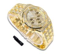 richhut Reloj de Lujo con Diamantes para Niños Adolescentes - Iced out Bling Chapado en Oro 18K - Esfera Octagonal 38mm Correa 19,5cm - Incluye Ajustador