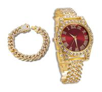 richhut Reloj de Lujo con Diamantes para Niños Adolescentes - Iced out Bling Chapado en Oro 18K - Esfera Redondo Rojo 37mm Correa 20cm - Incluye Caja de Regalo - Viene con Cadena Cubana 18cm