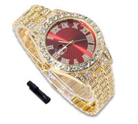 richhut Reloj de Lujo con Diamantes para Niños Adolescentes - Iced out Bling Chapado en Oro 18K - Esfera Redondo Rojo 42mm Correa 20cm - Incluye Ajustador