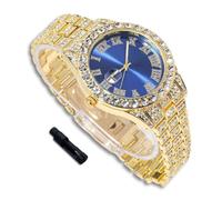 richhut Reloj de Lujo con Diamantes para Niños Adolescentes - Iced out Bling Chapado en Oro 18K - Esfera Redondo Azul 42mm Correa 20cm - Incluye Ajustador