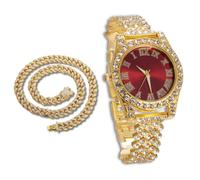 richhut Reloj de Lujo con Diamantes para Niños Adolescentes - Iced out Bling Chapado en Oro 18K - Esfera Redondo Rojo 37mm Correa 20cm - Incluye Caja de Regalo - Viene con Cadena Cubana 40cm