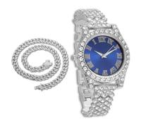 richhut Reloj de Lujo con Diamantes para Niños Adolescentes - Iced out Bling Chapado en Platino - Esfera Redondo Azul 37mm Correa 20cm - Incluye Caja de Regalo - Viene con Cadena Cubana 40cm