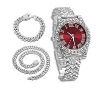 richhut Reloj de Lujo con Diamantes para Niños Adolescentes - Iced out Bling Chapado en Platino - Esfera Redondo Rojo 37mm Correa 20cm - Incluye Caja de Regalo - Viene con Cadenas Cubanas 18cm & 40cm