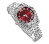 richhut Reloj de Lujo con Diamantes para Niños Adolescentes - Iced out Bling Chapado en Platino - Esfera Redondo Rojo 37mm Correa 20cm - Incluye Caja de Regalo
