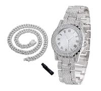 richhut Reloj de Lujo con Diamantes para Niños Adolescentes - Iced out Bling Chapado en Platino - Esfera Redondo 39mm Correa 19cm - Incluye Ajustador - Viene con Cadena Cubana 40cm