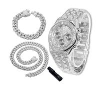 richhut Reloj de Lujo con Diamantes para Niños Adolescentes - Iced out Bling Chapado en Platino - Esfera Octagonal 38mm Correa 19,5cm - Incluye Ajustador - Viene con Cadenas Cubanas 18cm & 40cm