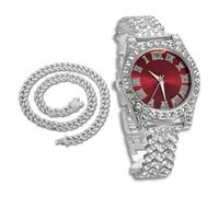 richhut Reloj de Lujo con Diamantes para Niños Adolescentes - Iced out Bling Chapado en Platino - Esfera Redondo Rojo 37mm Correa 20cm - Incluye Caja de Regalo - Viene con Cadena Cubana 40cm