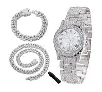 richhut Reloj de Lujo con Diamantes para Niños Adolescentes - Iced out Bling Chapado en Platino - Esfera Redondo 39mm Correa 19cm - Incluye Ajustador - Viene con Cadenas Cubanas 18cm & 40cm