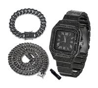 richhut Reloj de Lujo con Diamantes para Niños Adolescentes - Iced out Bling Chapado en Rodio Negro - Esfera Cuadrada 40mm Correa 18,5cm - Incluye Ajustador - Viene con Cadenas Cubanas 18cm & 40cm