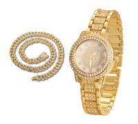 richhut Reloj de Lujo con Diamantes para Niños - Iced out Bling Chapado en Oro 18K - Esfera Redondo Circonitas Gypsophila Correa 19,5cm - Incluye Caja de Regalo - Viene con Cadena Cubana 40cm