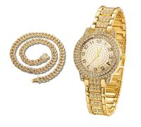 richhut Reloj de Lujo con Diamantes para Niños - Iced out Bling Chapado en Oro 18K - Esfera Redondo Números Arábigos 32mm Correa 19,5cm - Incluye Caja de Regalo - Viene con Cadena Cubana 40cm