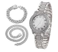 Richhut Reloj de Lujo con Diamantes para Niños - Iced Out Bling Chapado en Platino - Esfera Redondo Números Arábigos 32mm Correa 19,5cm - Incluye Caja de Regalo - Viene con Cadenas Cubanas 18cm & 40cm
