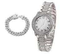 richhut Reloj de Lujo con Diamantes para Niños - Iced out Bling Chapado en Platino - Esfera Redondo Números Arábigos 32mm Correa 19,5cm - Incluye Caja de Regalo - Viene con Cadena Cubana 18cm