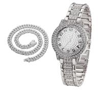 richhut Reloj de Lujo con Diamantes para Niños - Iced out Bling Chapado en Platino - Esfera Redondo Números Arábigos 32mm Correa 19,5cm - Incluye Caja de Regalo - Viene con Cadena Cubana 40cm