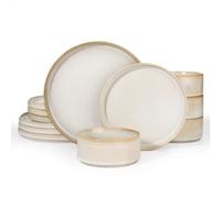 Richmount Star Juego de platos de 12 piezas, Vajilla para 4 personas, Resistente a los arañazos, Microondas y lavavajillas, Blanco capuchino